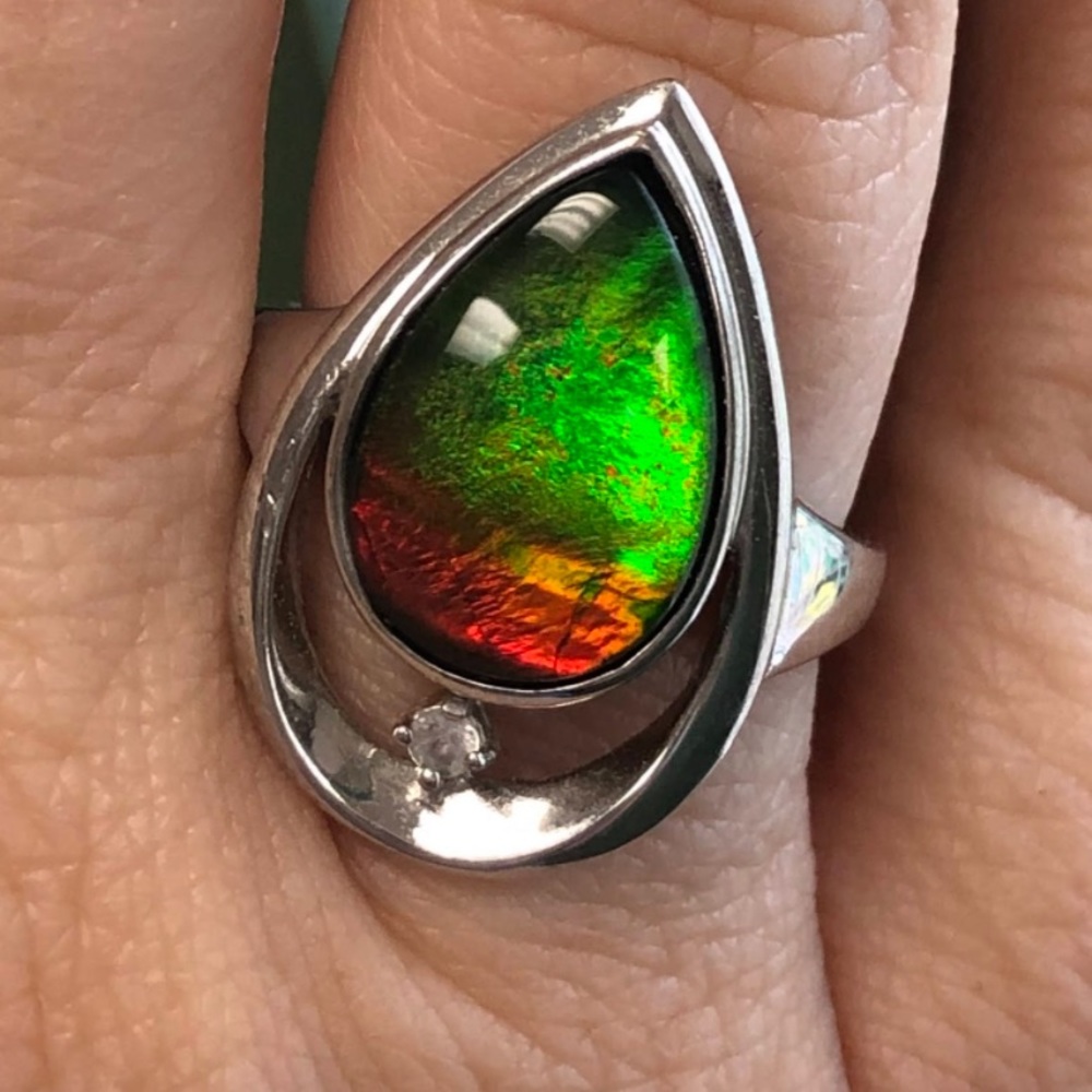 AMMOLITE, white sapphire, sterling ring (Ammolite pendant as a bonus 💞)